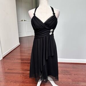 Byer Wear Too! Black Halter Sexy Layered Plunge 3D Faux Pearl Cocktail Dress